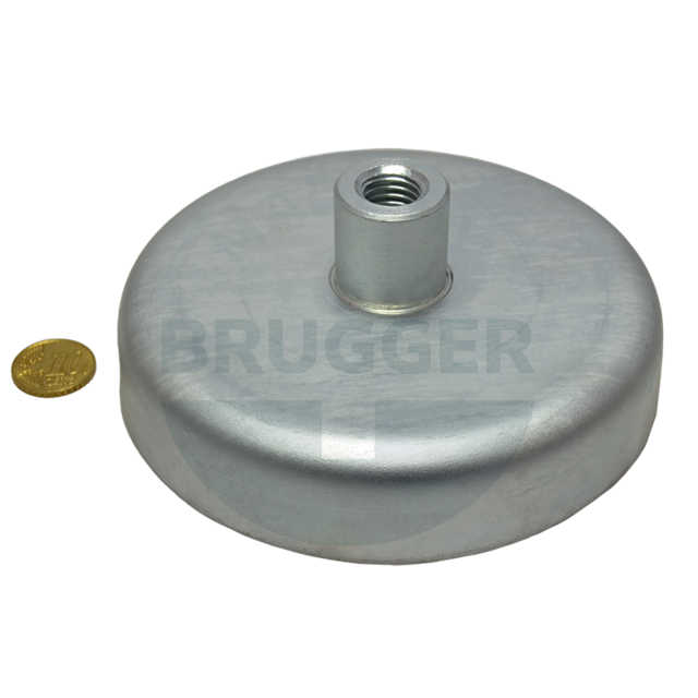 Pot magnet made of hard ferrite steel housing with threaded bush galvanised 125mm M14 | © Brugger GmbH