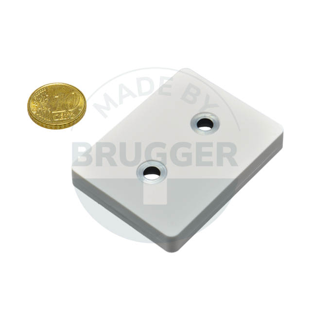 Rubberised magnet system with hole and countersink rectangular white | © Brugger GmbH