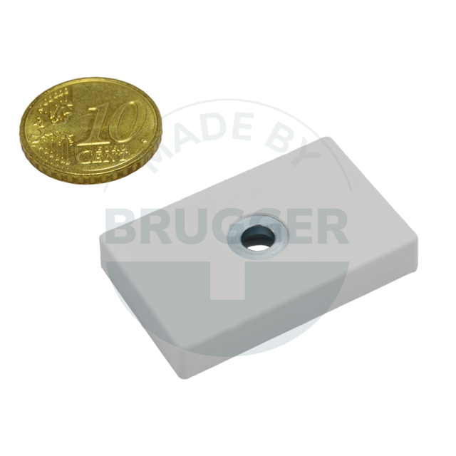 Rubberised magnet system with hole and countersink rectangular white | © Brugger GmbH