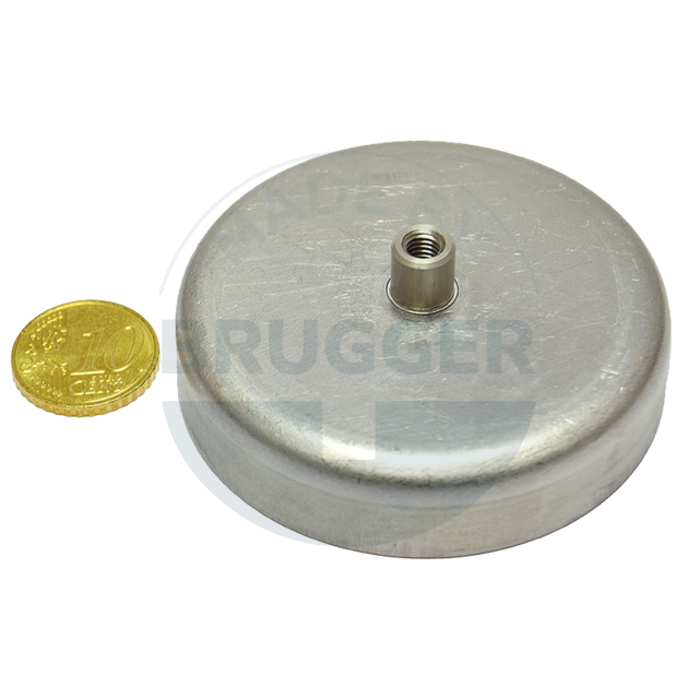 Aimant à pot boîtier en acier inoxydable avec douille filetée 63mm M5 en ferrite dure | © Brugger GmbH