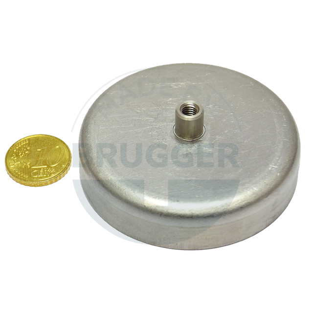 Pot magnet stainless steel housing with threaded bush 63mm M5 made of hard ferrite | © Brugger GmbH