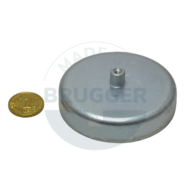 Pot magnet made of hard ferrite steel housing with threaded bush galvanised 63mm M4 | © Brugger GmbH