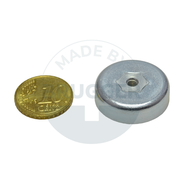 Pot magnet made of hard ferrite Steel housing with M4 internal thread  galvanised ⌀25mm | © Brugger GmbH