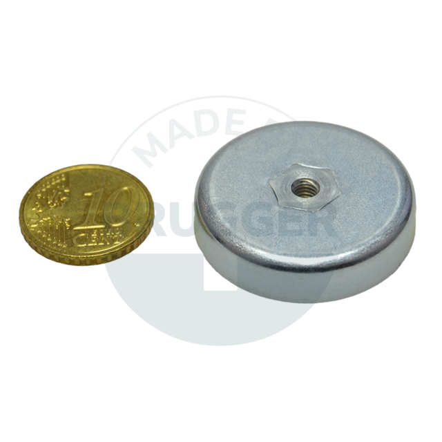 Pot magnet made of hard ferrite Steel housing with M4 internal thread  galvanised ⌀32mm | © Brugger GmbH