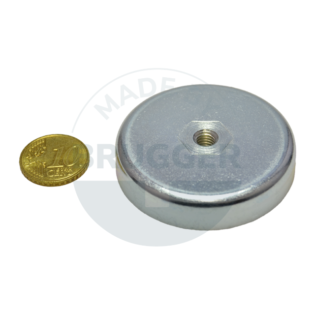 Pot magnet made of hard ferrite Steel housing with M6 internal thread  galvanised ⌀50mm | © Brugger GmbH