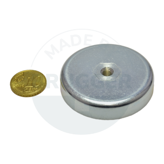 Pot magnet made of hard ferrite Steel housing with M6 internal thread  galvanised ⌀50mm | © Brugger GmbH