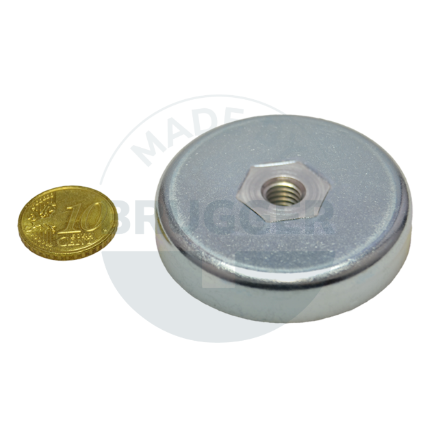 Pot magnet made of hard ferrite Steel housing with M8 internal thread  galvanised ⌀50mm | © Brugger GmbH