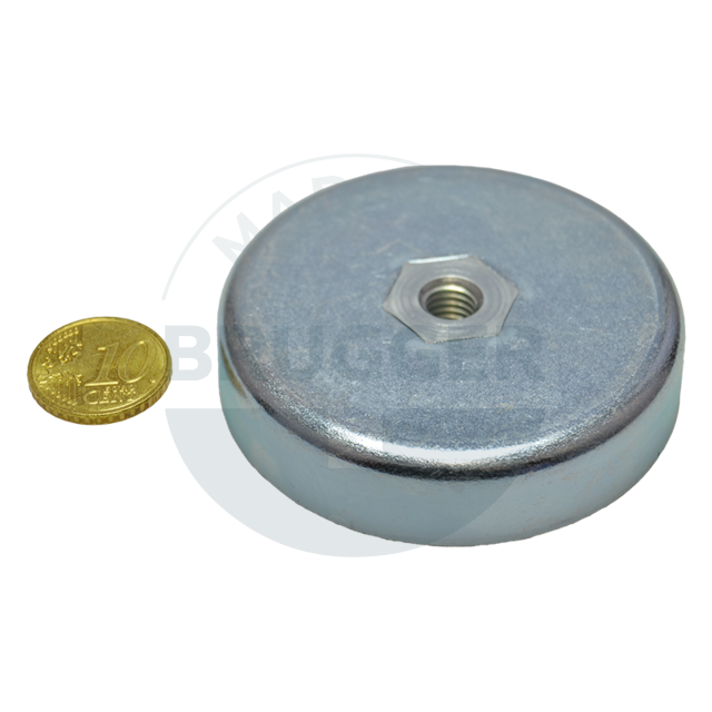 Pot magnet made of hard ferrite Steel housing with M8 internal thread  galvanised ⌀63mm | © Brugger GmbH