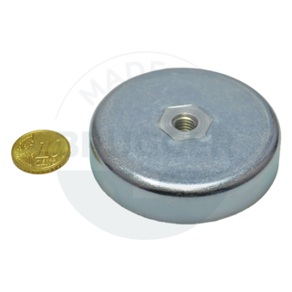 Pot magnet made of hard ferrite Steel housing with M8 internal thread  galvanised ⌀63mm | © Brugger GmbH