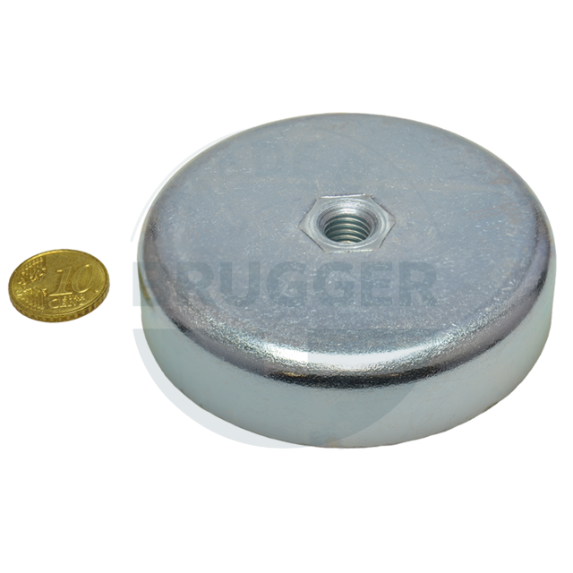 Pot magnet made of hard ferrite Steel housing with M10 internal thread  galvanised ⌀80mm | © Brugger GmbH