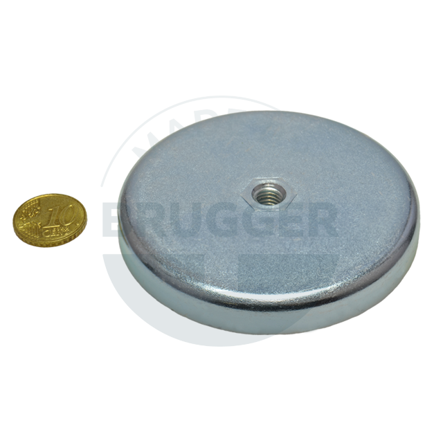 Pot magnet made of hard ferrite Steel housing with M8 internal thread  galvanised ⌀80mm | © Brugger GmbH
