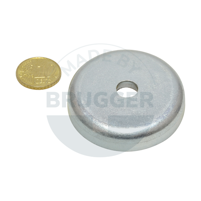 Pot magnet of NdFeB steel housing punched with bore and countersink galvanised 47mm | © Brugger GmbH