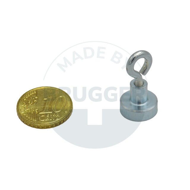 Topfmagnet aus NdFeB, Stahlgehäuse als Komplettsystem mit Oese verzinkt ⌀13mm | © Brugger GmbH