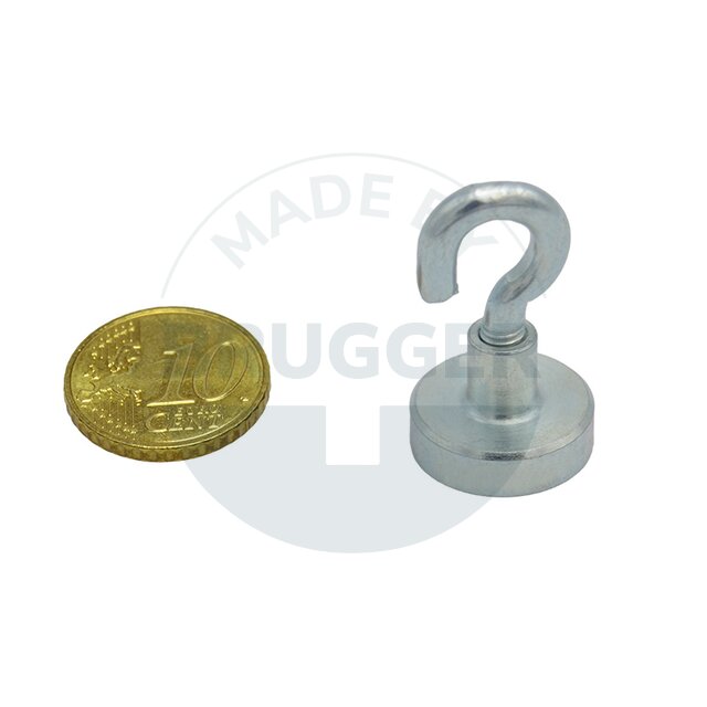 Topfmagnet aus NdFeB, Stahlgehäuse als Komplettsystem mit Haken verzinkt ⌀16mm | © Brugger GmbH