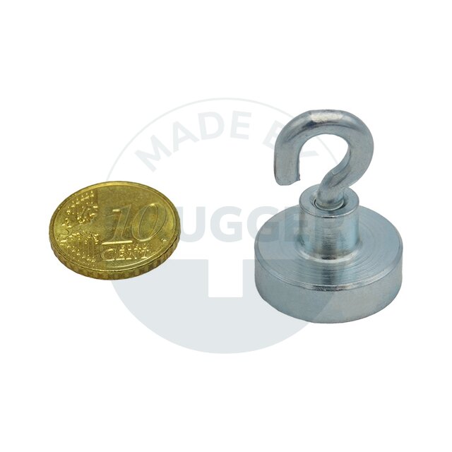 Topfmagnet aus NdFeB, Stahlgehäuse als Komplettsystem mit Haken verzinkt ⌀20mm | © Brugger GmbH
