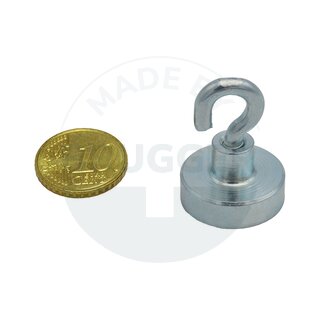 Topfmagnet aus NdFeB, Stahlgehäuse als Komplettsystem mit Haken verzinkt ⌀20mm | © Brugger GmbH
