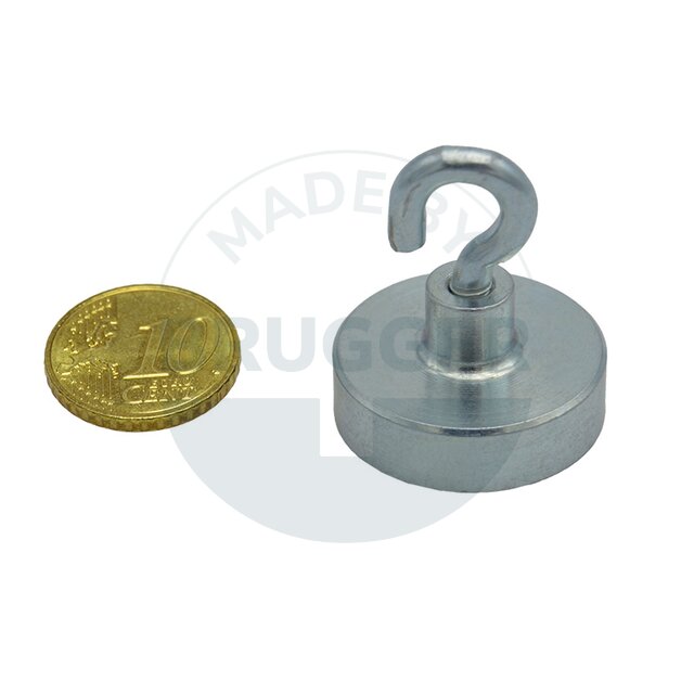 Topfmagnet aus NdFeB, Stahlgehäuse als Komplettsystem mit Haken verzinkt ⌀25mm | © Brugger GmbH