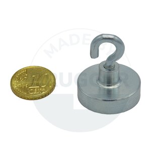 Topfmagnet aus NdFeB, Stahlgehäuse als Komplettsystem mit Haken verzinkt ⌀25mm | © Brugger GmbH