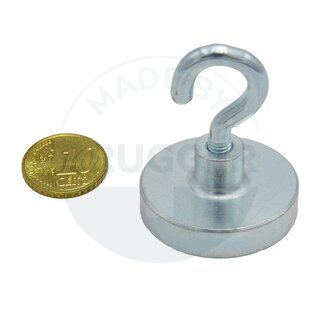 Topfmagnet aus NdFeB, Stahlgehäuse als Komplettsystem mit Haken verzinkt ⌀32mm | © Brugger GmbH