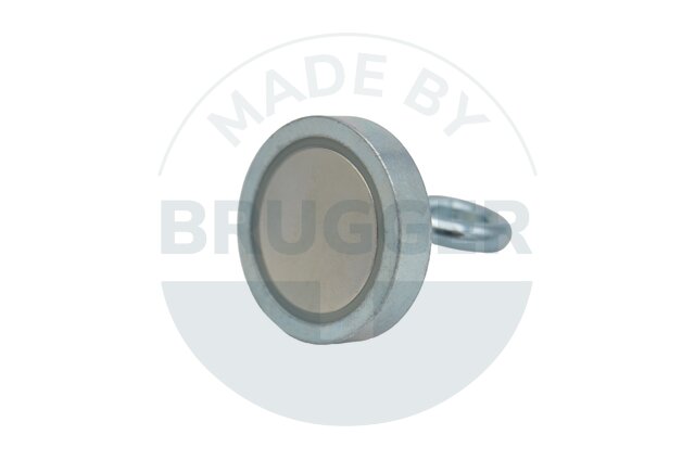 Topfmagnet aus NdFeB, Stahlgehäuse als Komplettsystem mit Haken verzinkt ⌀32mm | © Brugger GmbH