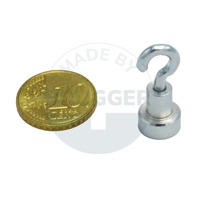 Topfmagnet aus NdFeB, Stahlgehäuse als Komplettsystem mit Haken verzinkt ⌀10mm | © Brugger GmbH