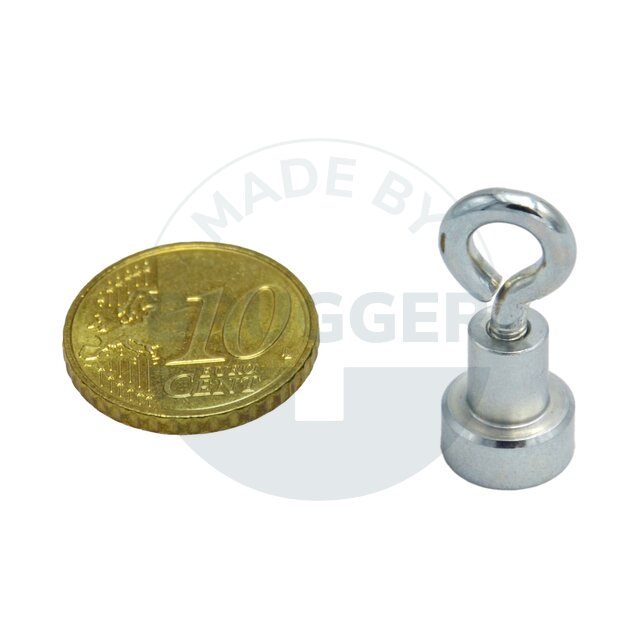 Topfmagnet aus NdFeB, Stahlgehäuse als Komplettsystem mit Oese verzinkt ⌀10mm | © Brugger GmbH