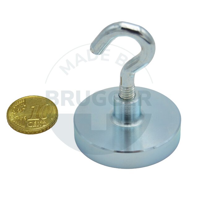 Topfmagnet aus NdFeB, Stahlgehäuse als Komplettsystem mit Haken verzinkt ⌀40mm | © Brugger GmbH