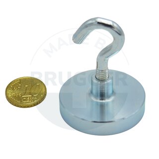 Topfmagnet aus NdFeB, Stahlgehäuse als Komplettsystem mit Haken verzinkt ⌀40mm | © Brugger GmbH