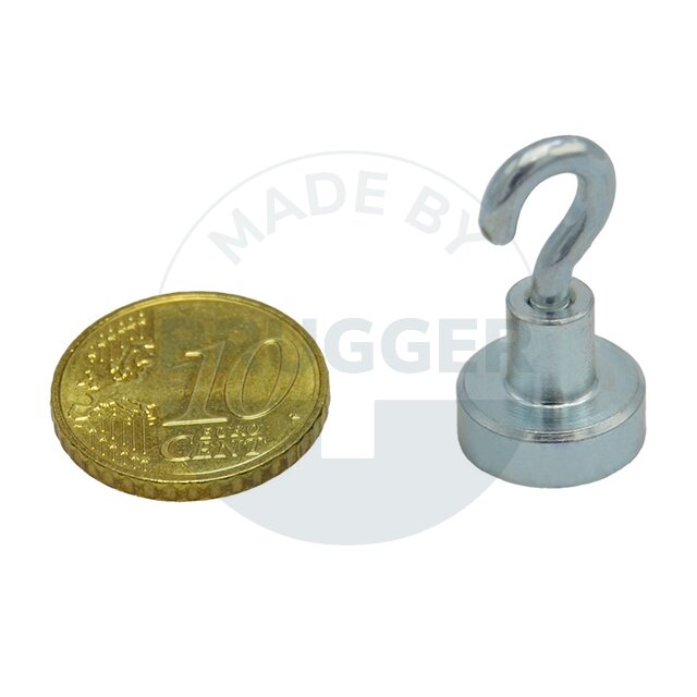 Topfmagnet aus NdFeB, Stahlgehäuse als Komplettsystem mit Haken verzinkt ⌀13mm | © Brugger GmbH
