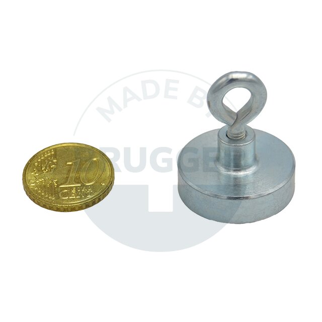 Topfmagnet aus NdFeB, Stahlgehäuse als Komplettsystem mit Oese verzinkt ⌀25mm | © Brugger GmbH