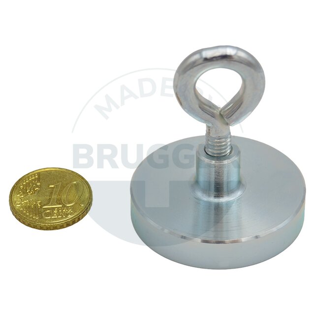 Topfmagnet aus NdFeB, Stahlgehäuse als Komplettsystem mit Oese verzinkt ⌀40mm | © Brugger GmbH