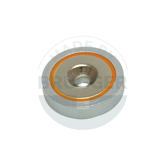 Topfmagnet NdFeB Stahlgehäuse mit Bohrung und Senkung verzinkt bis 150°C 32mm Rückseite | © Brugger GmbH