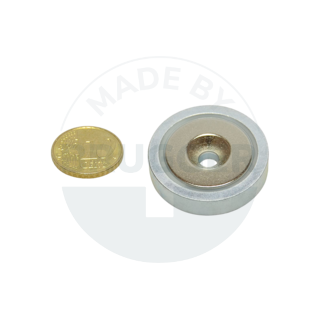 Pot magnet of NdFeB steel housing with bore and countersink galvanised 32mm | © Brugger GmbH