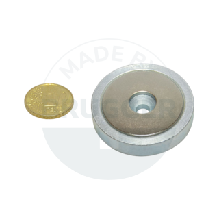 Pot magnet of NdFeB steel housing with bore and countersink galvanised 40mm | © Brugger GmbH