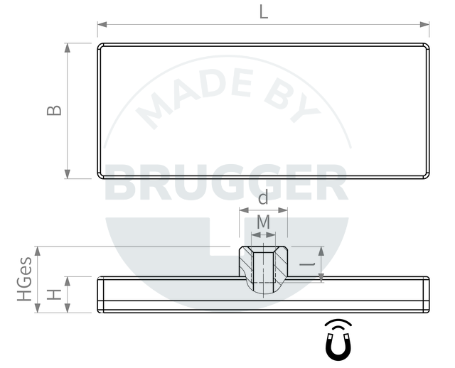 technical drawing rectangular rubberised magnet system with threaded bush | © Brugger GmbH