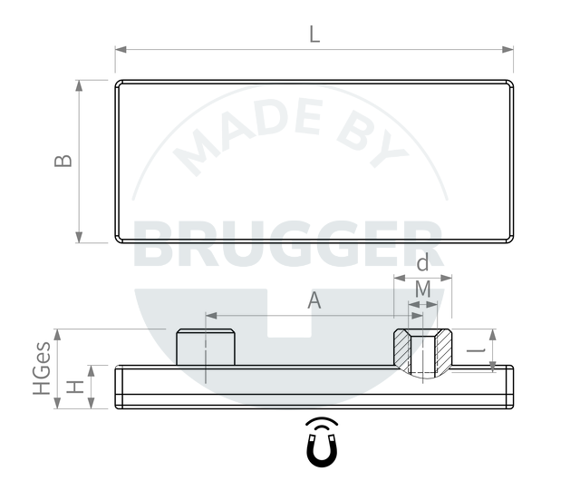 technical drawing rectangular rubberised magnet system with 2x threaded bush | © Brugger GmbH