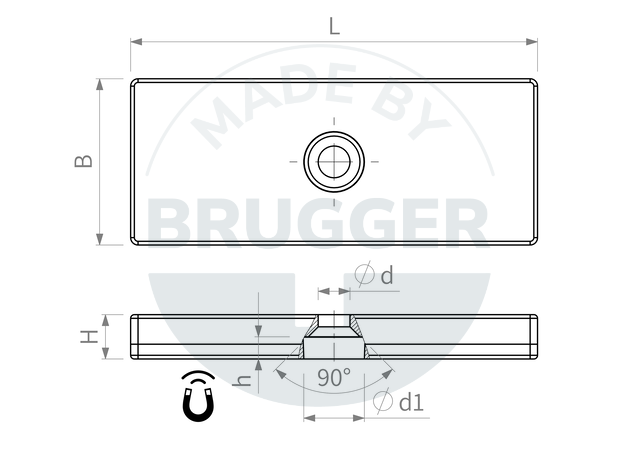 technische Zeichnung gummiertes Magnetsystem rechteckig 1x Bohrung | © Brugger GmbH