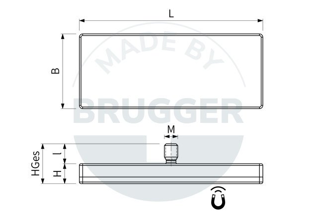 technical drawing rectangular rubberised magnet system 1x external thread | © Brugger GmbH