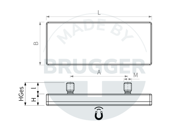 technical drawing rectangular rubberised magnet system 2x external thread | © Brugger GmbH