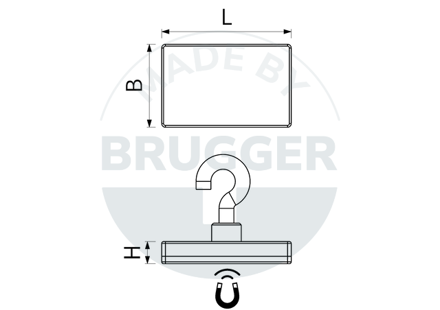 technische Zeichnung gummiertes Magnetsystem rechteckig mit Oese | © Brugger GmbH