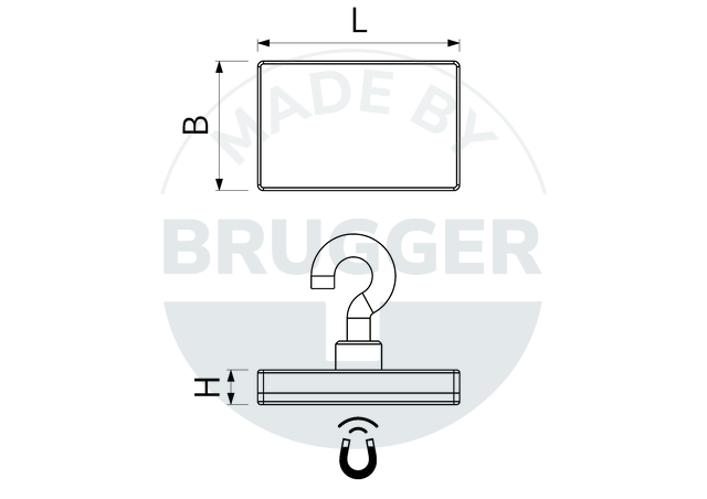 technische Zeichnung gummiertes Magnetsystem rechteckig mit Haken | © Brugger GmbH