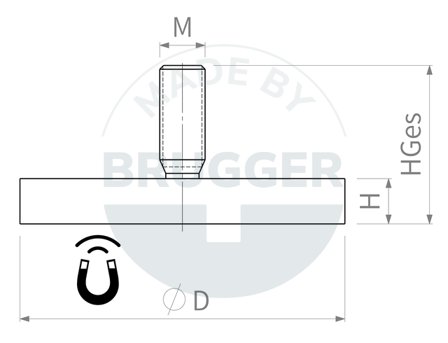 technical drawing Rubberised magnet system with round external thread | © Brugger GmbH