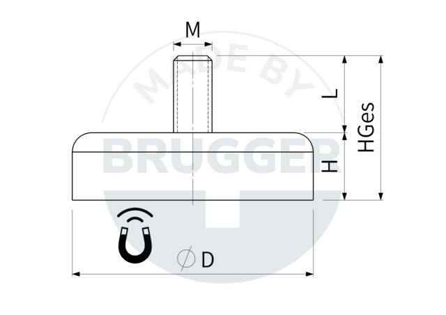 technical drawing Pot magnets made of hard ferrite with galvanised external thread | © Brugger GmbH