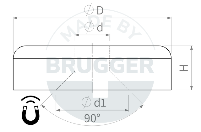 technical drawing Pot magnets made of hard ferrite with hole and countersink, galvanised | © Brugger GmbH