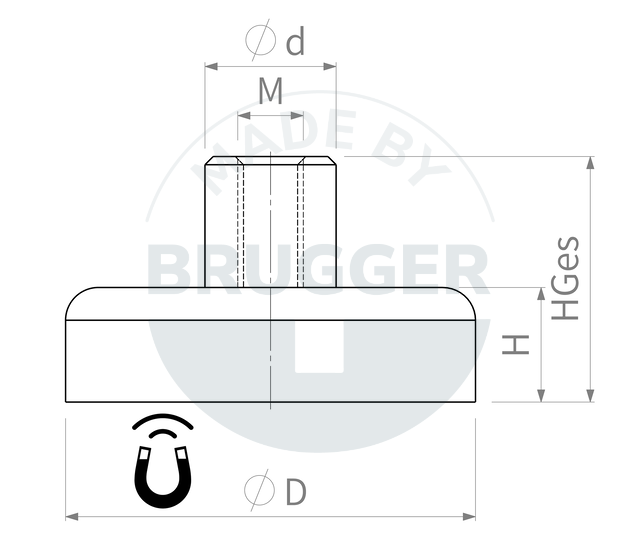 technical drawing Pot magnets made of hard ferrite with galvanised threaded bush | © Brugger GmbH