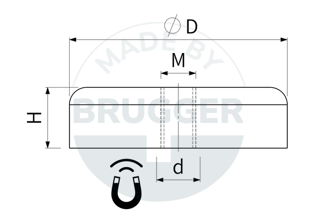 technical drawing Pot magnets made of hard ferrite with internal thread galvanised | © Brugger GmbH