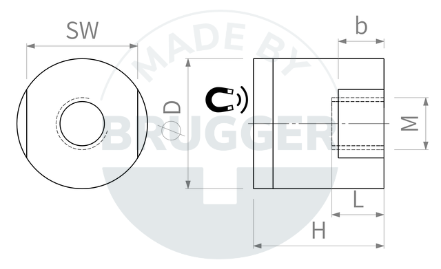 technical drawing Pot magnets made of NdFeB with internal thread and rubberised holding surface | © Brugger GmbH