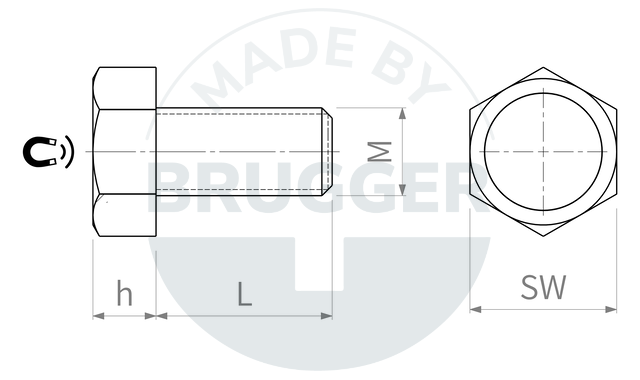 dessin technique Aimants en pot en NdFeB avec filetage extérieur et hexagone extérieur | © Brugger GmbH