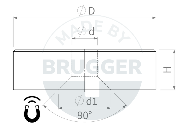 technical drawing Pot magnets made of NdFeB with hole and countersink, galvanised | © Brugger GmbH