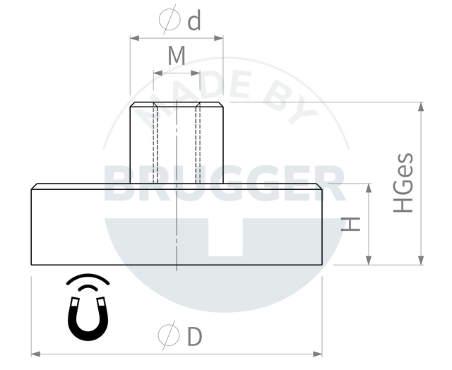 technical drawing Pot magnets made of NdFeB with threaded bushing galvanised  | © Brugger GmbH